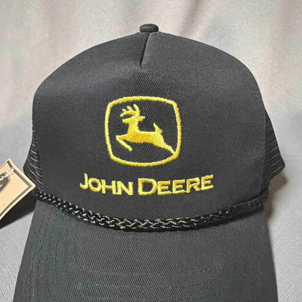 John Deere Black Mesh Trucker Hat NOS Vintage Snapback -M